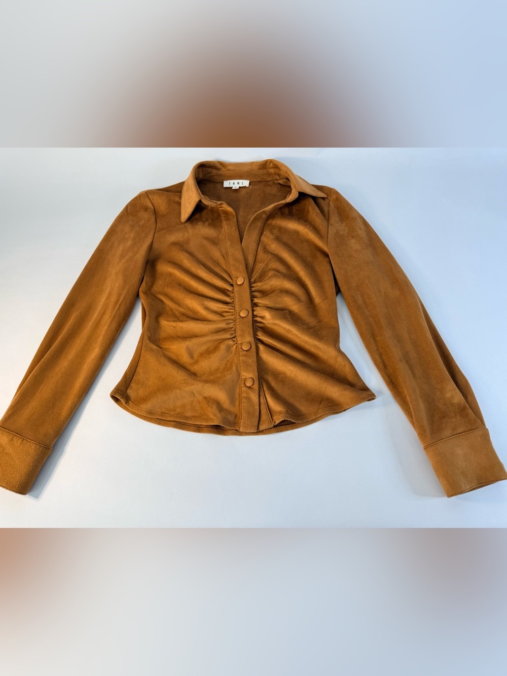 THML Camel Faux Suede Ruched Button Front Top Size Small